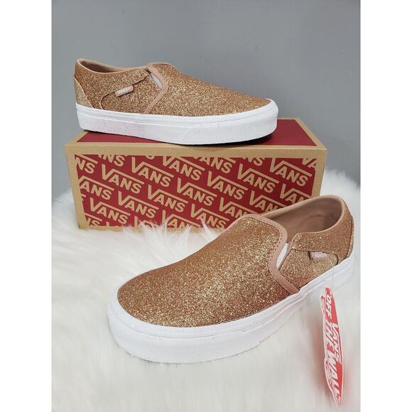 NEW Vans Rose Gold Pink Glitter Sidewall Size 5 Women's Slip On White VN05HTTGLD - Picture 1 of 7